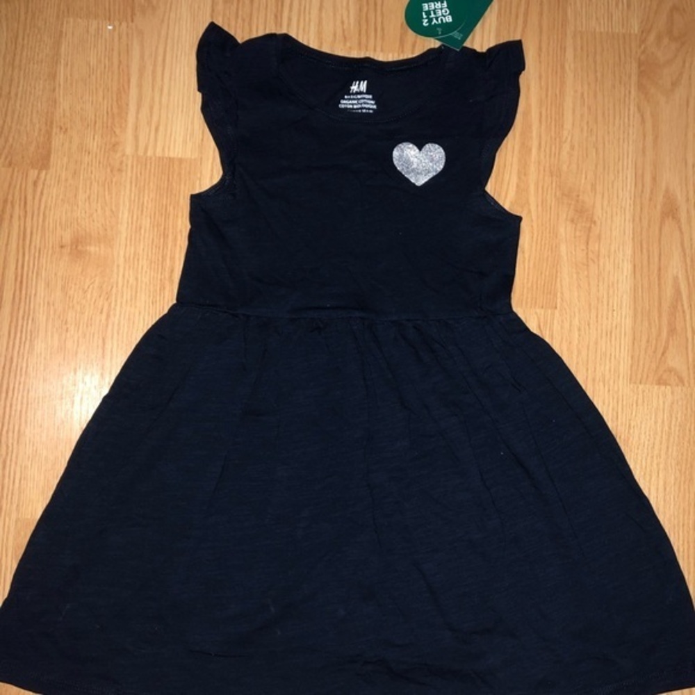 NWT H&M navy sparkly glitter heart ruffle girls organic cotton dress size 4-6